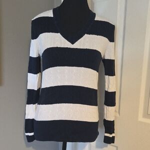 Tommy Hilfiger Navy and White Striped V-Neck Sweater